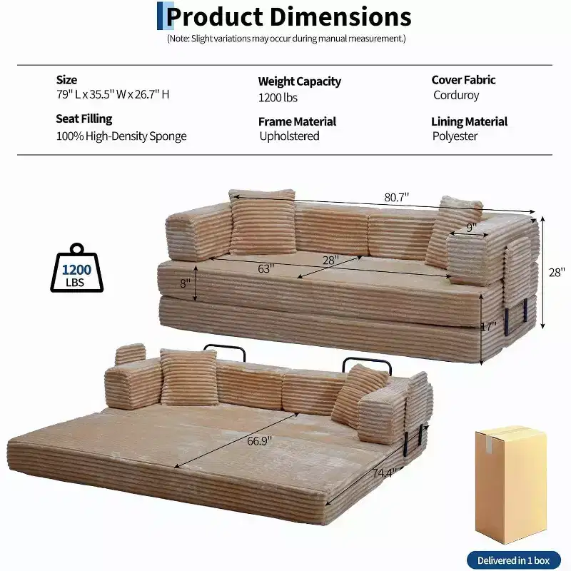 80.7 5-in-1 Convertible Sofa Bed, Folding Corduroy Couch with Storage, 4 Frames & 2 Pillows, No Assembly Space-Saving for Home & Dorm, Beige