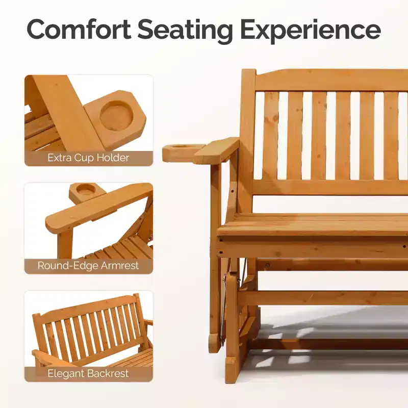 Karl Home | Double-Seat Fir Wood Patio Glider Bench with Vertical Slat Backrest
