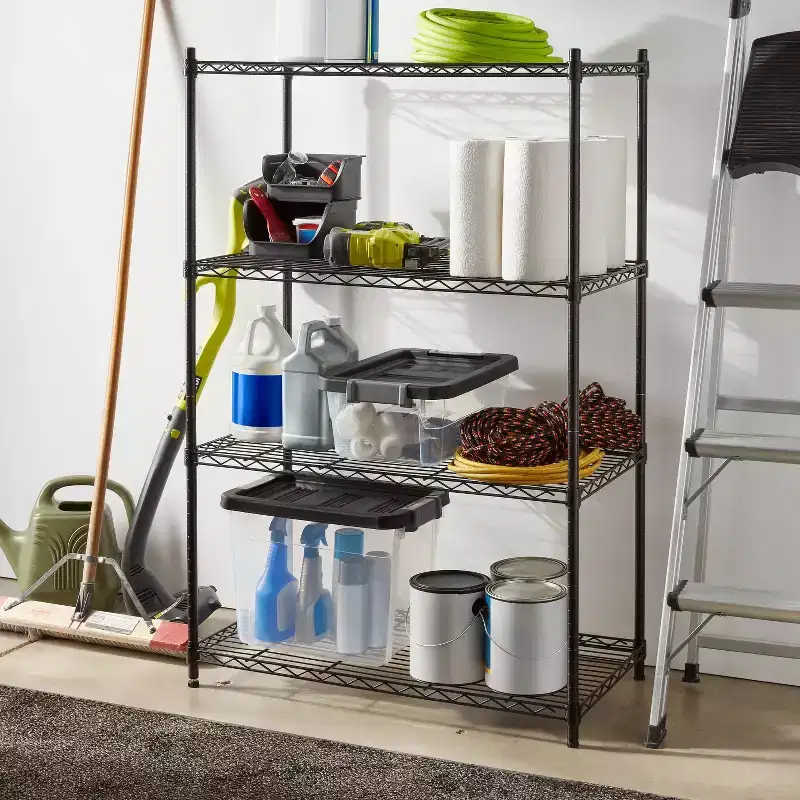 4-Tier Wide Wire Shelving Unit, Black – Steel Storage Shelves, Adjustable Wire Rack, 350 lb Capacity
