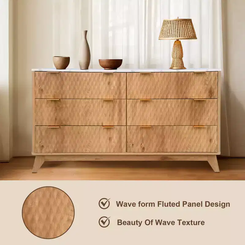 Fluted 6-Drawer Dresser With Faux Marble Top, Modern Curved TV Stand for Bedroom & Living Room, Sturdy Storage Cabinet, Anti-Tip Design