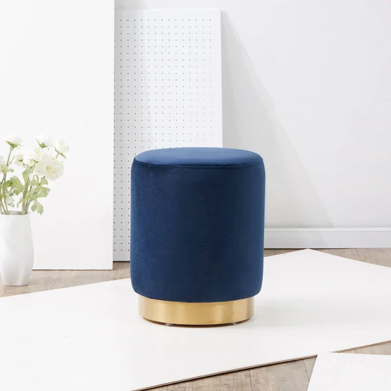 Velvet Ottoman with Brass Base, Single Seat – Navy / Brass