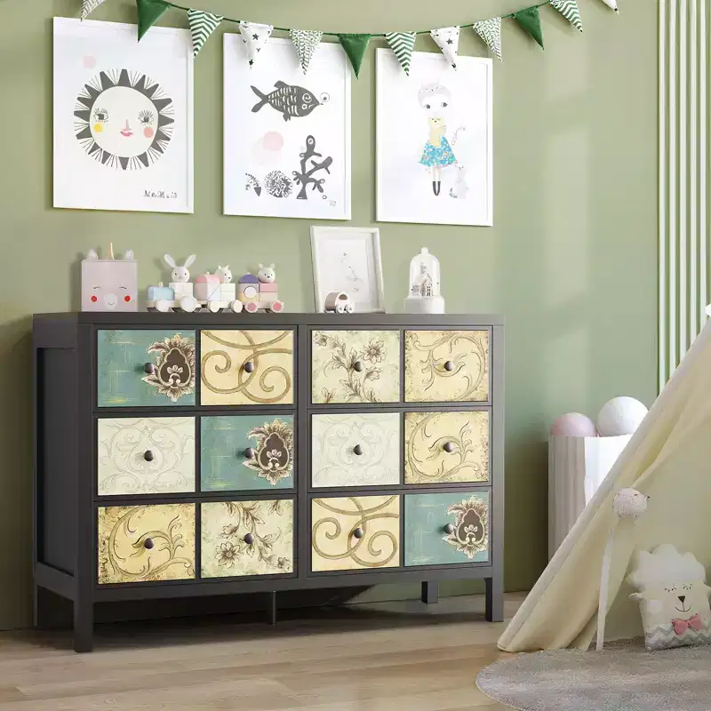 6 Drawers Dresser for Bedroom, Wood Rustic Chest of Drawers with Metal Handle, Retro Floral Pattern Drawer, Farmhouse Dresser for Bedroom