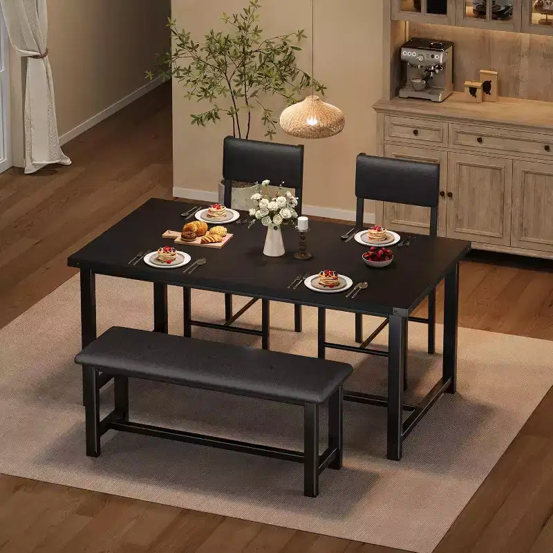 Dining Table Set for 4, Kitchen Table and 2 Upholstered Chairs and 1 Bench, Wooden Dining Room Set