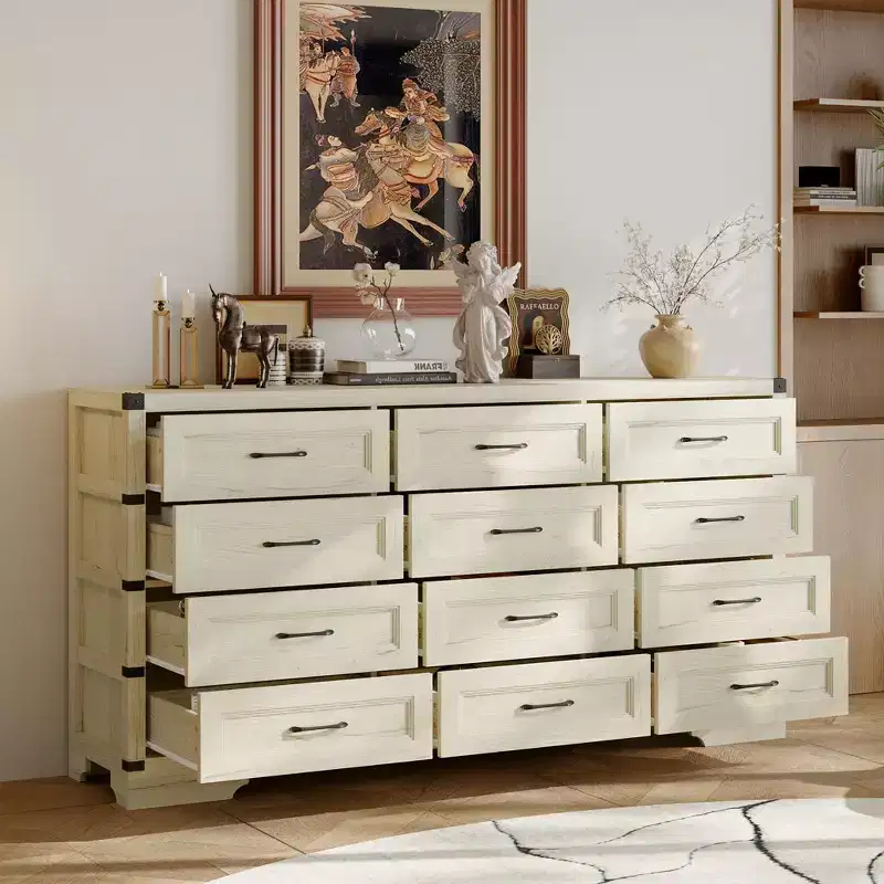 Vintage Industrial 12-Drawer Dresser with Metal Corner Accents & Spacious Top – Bedroom & Living Room Storage