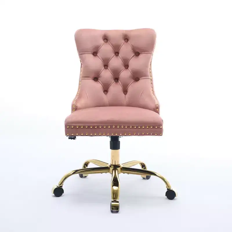 Adjustable Desk Chair Swivel Office Chair, Modern Velvet Upholstered Tufted Button Home Office Chair with Golden Metal Base, Pink