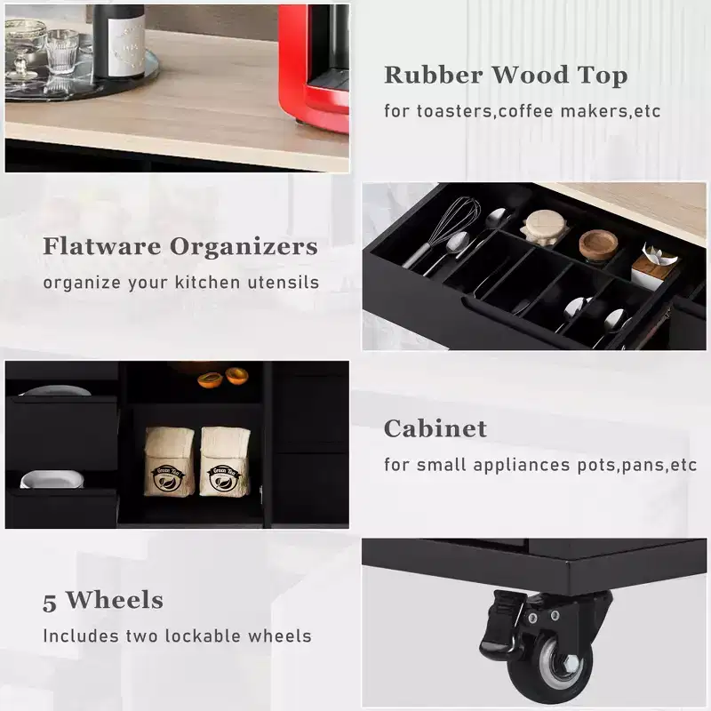 Whisen Modern Kitchen Island with 8 Handle-Free Drawers and 5 Wheels