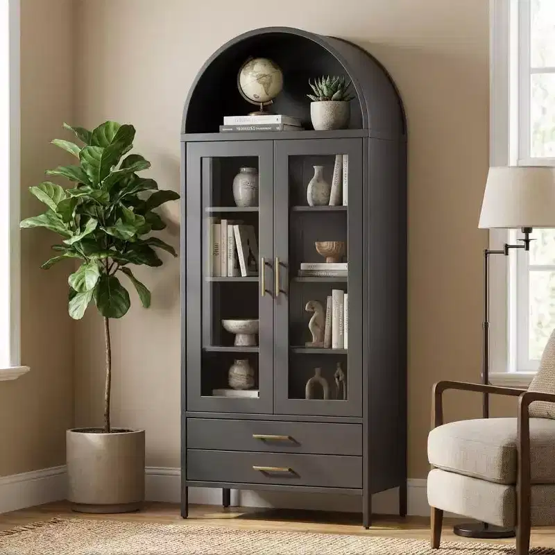 55 Arched Pantry Cabinet with Glass Doors - 2 Drawers & Adjustable Shelves for Kitchen or Living Room