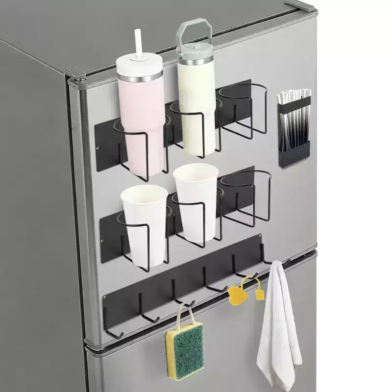 Magnetic Cup Holder Organizer - Water Bottle Rack with Lid Hooks & Straw Holder, Black Steel