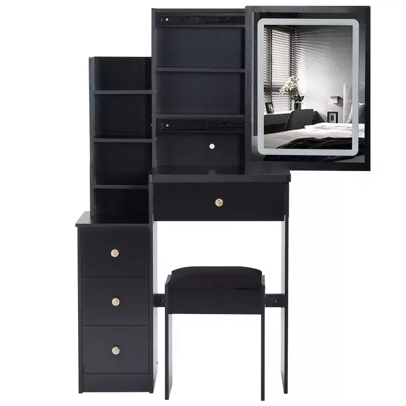 Okak Vanity Table with Drawers and Adjust LED Mirror, 29.2 Left-Side Bedside Vanity Desk with Cushioned Stool and Tri-color Switching, Black