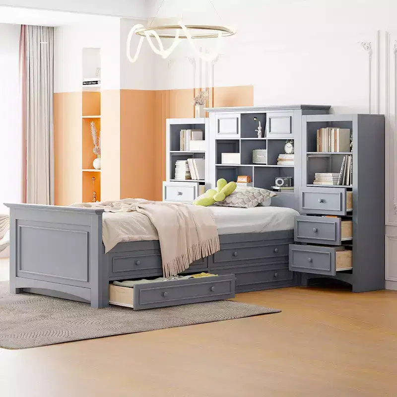 Twin Size Wood Platformbed with Vertical All-in-One Cabinet and 4 Drawers on each side White