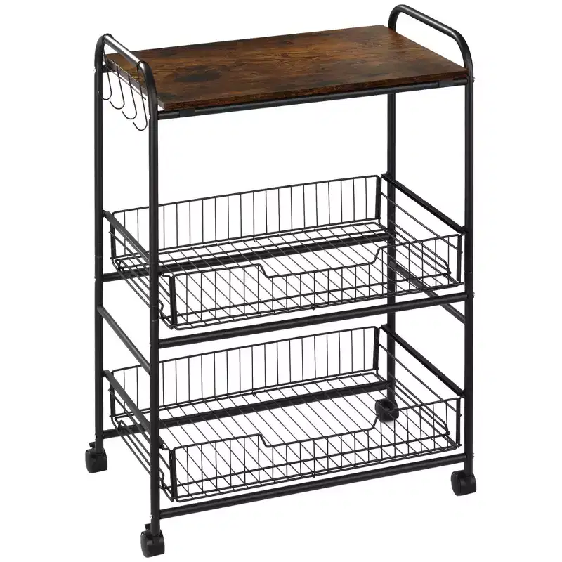 HOMCOM 24 3-Tier Rolling Kitchen Cart, Utility Storage Trolley with 2 Basket Drawers, Side Hooks for Dining Room, Brown