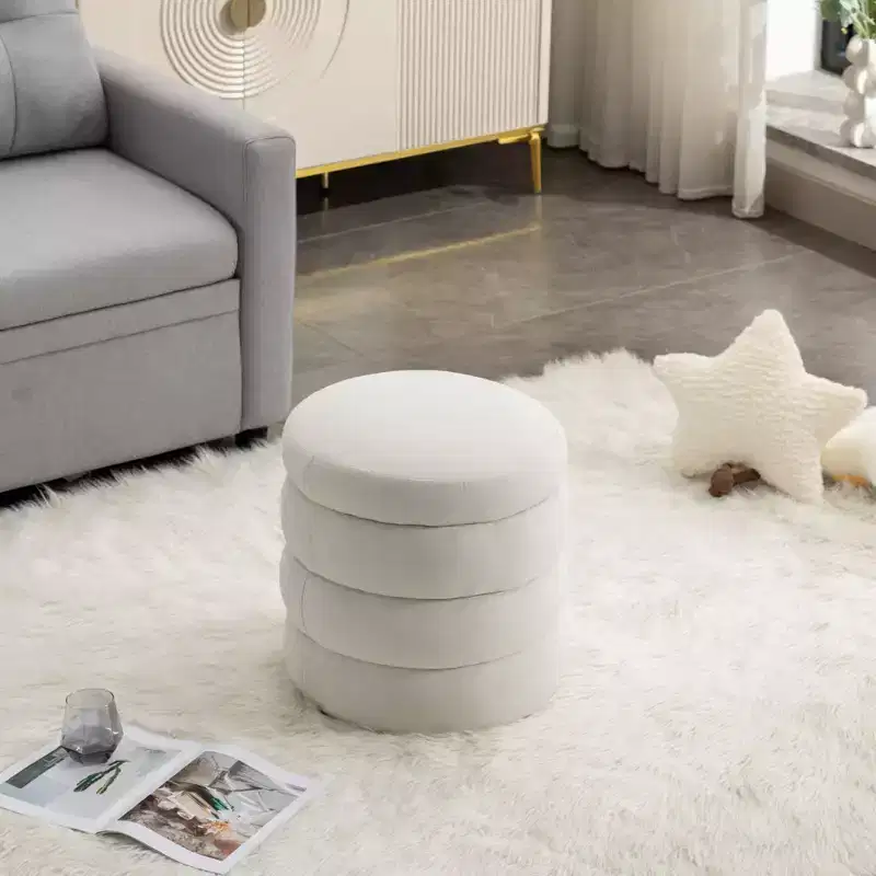 Soft Velvet Round Ottoman Footrest Stool, Ivory