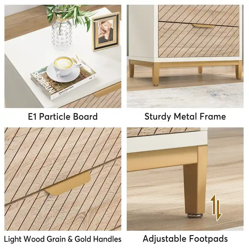 3-Drawer Nightstand with Gold Handles, Light Wood Grain, Particle Board and Metal Frame, 19.69W x 15.75D x 24.6H in