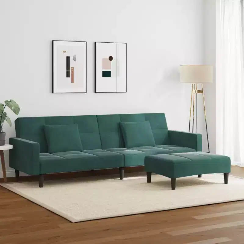 vidaXL 2-Seater Sofa Bed with Footstool - Dark Green Velvet, Convertible, Ideal for Living Rooms, Home Theatres, Apartments