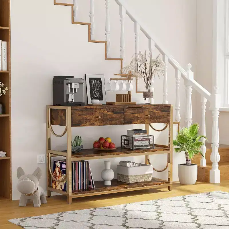 Golden U-Shaped Console Table, Ottoman-Style Entryway Rack with Decorative Damascus Steel Accents, Elegant Storage Solution for Hallway and Foyer