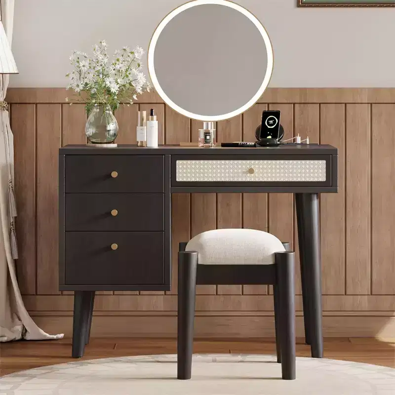 39 Wooden Makeup Vanity Set with Charging Plug &USB Port and Stool, Dressing Table with 3 Storage Drawers and 1 Rectangular Rattan Drawer