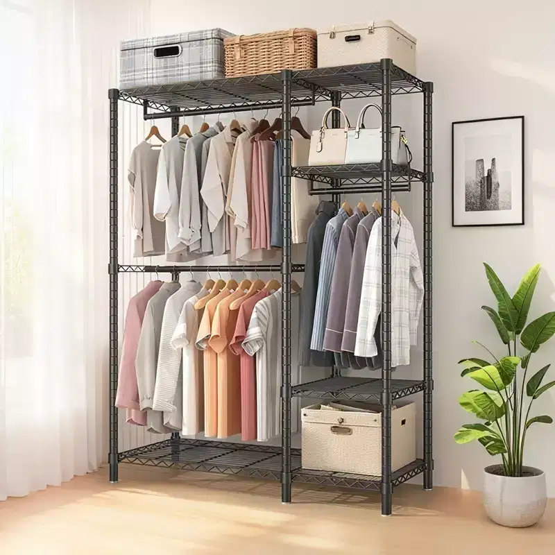 Heavy Duty Metal Garment Rack – Black, 6 Shelves 3 Rods