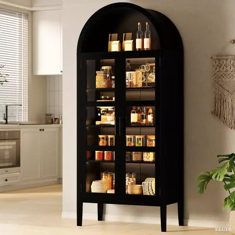 COZONY 70 Arched Kitchen Pantry Cabinet with LED Lights & Glass Doors, Adjustable Shelf Display Bookshelf