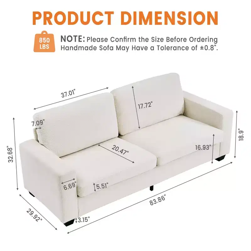 Beige Corduroy 3-Seater Sofa, Wide Armrests & Deep Seat, 83