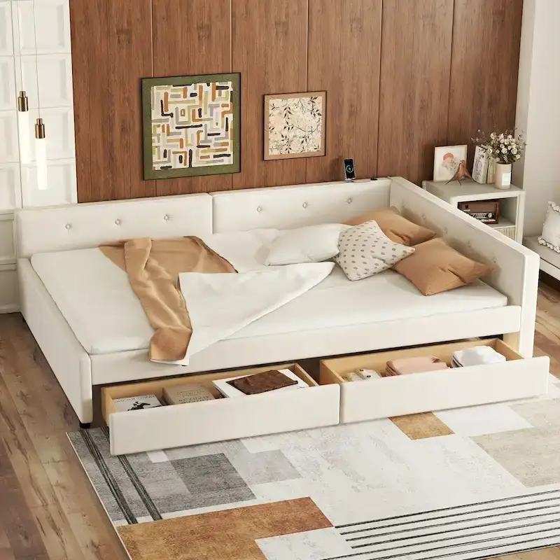 Upholstered Platform Bed L-shape Corner Daybed with 2 Drawers and Built-in USB, Grounding Sofa Bed with Button Tufted Guardrail