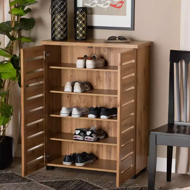 2-Door Shoe Cabinet with 5 Shelves - Oak Brown, Holds 15 Pairs