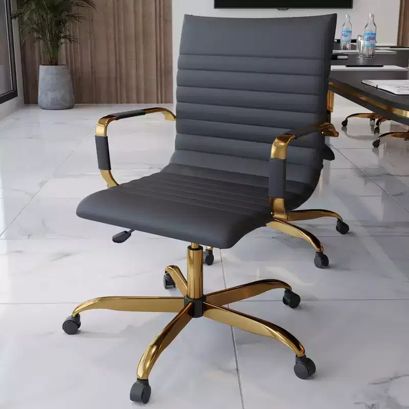 Armless Office Chair - Ribbed Faux Leather, Gold Metal Base, Swivel & Tilt