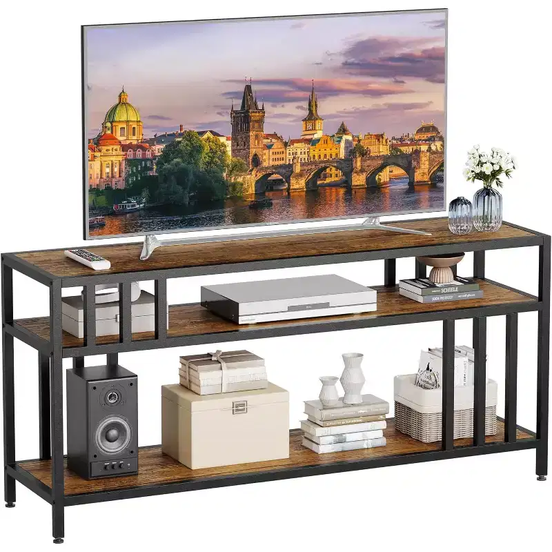65-Inch Rustic Brown TV Stand for 75 TVs - Quadruple-Tube Support Entertainment Center with Open Shelves, Media Console for Living Room/Bedroom