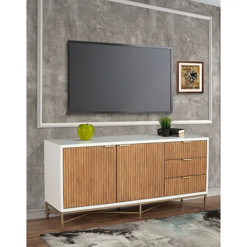 TV Console with Textured Solid Wood Drawer Faces, Gold Legs and Felt-Lined Drawers – White, 64