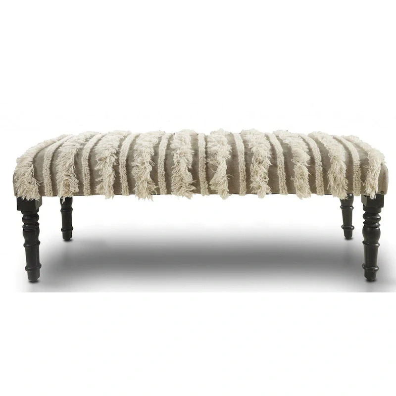 Cotton Upholstered Bedroom Bench with Solid Wood Legs, Striped, Nailhead Trim — 47