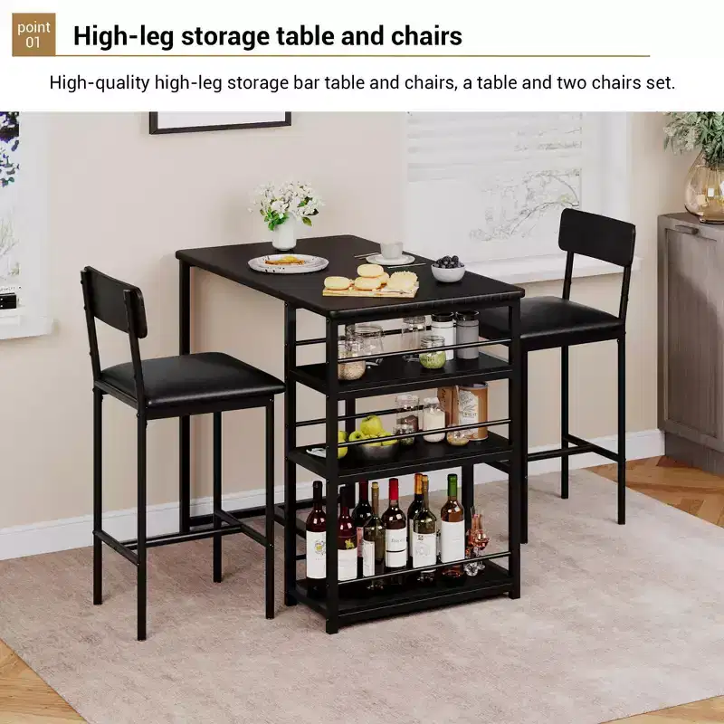 Bar Table Set for 2 with 2 PU Cushion Stools and 3 Storage Shelves, 3 Piece