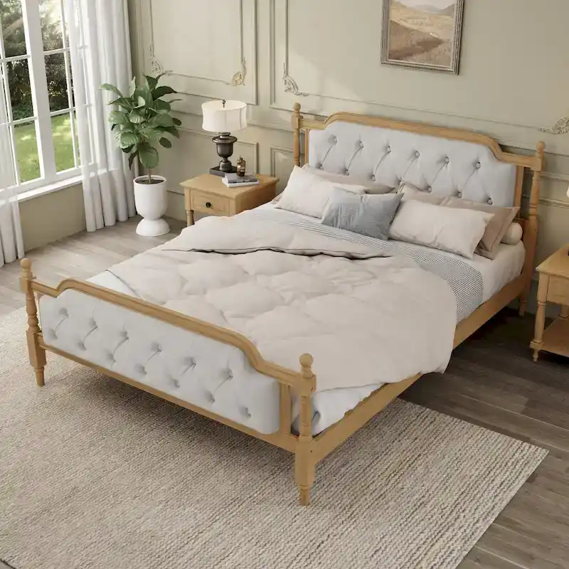 Solid Wood Bed Frame with Upholstered Tufted Headboard – No Box Spring Needed