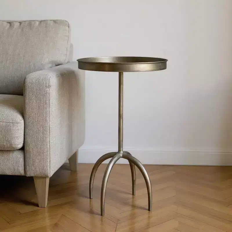 HomeRoots 23 Brass Distressed Iron Round Pedestal Tray Top End Table