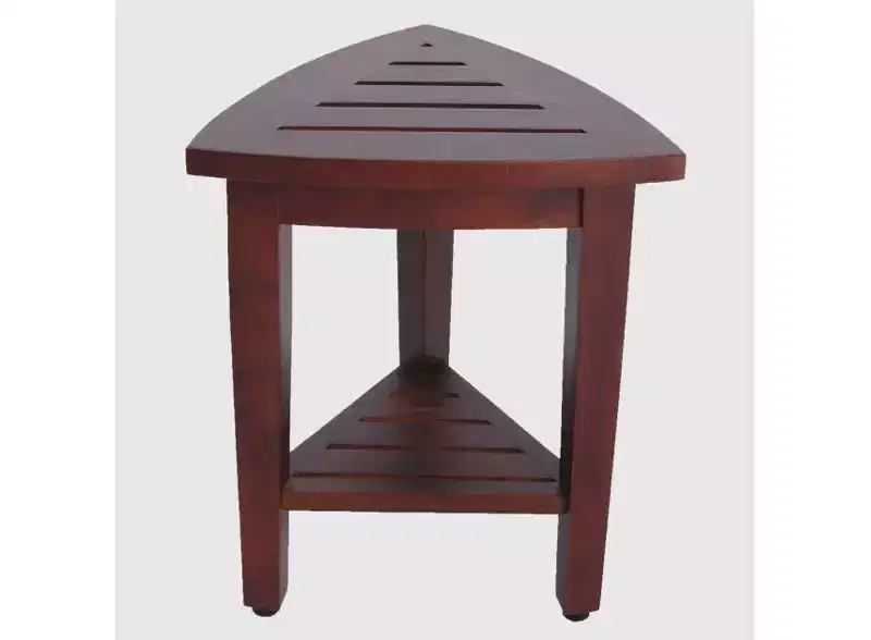 Compact Teak Corner Shower Outdoor Bench With Shelf In Brown Finish