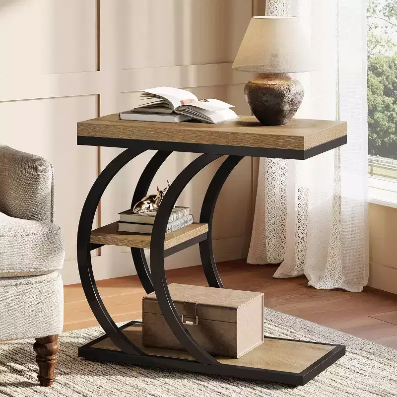 Lantine End Table for Living Room, 3-Tier Narrow Wood Couch C-Shaped Side Table with Storage for Small Spaces, Brown