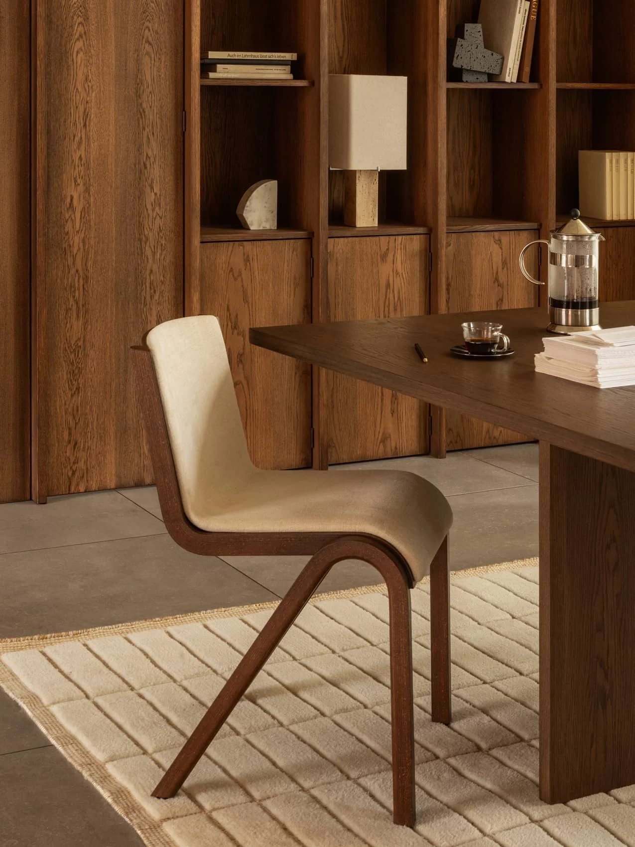Scandinavian Oak Veneer Dining Chair Front Upholstered with Cantilevered Stackable Design for Dining Room