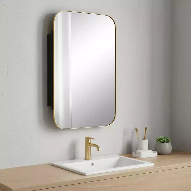 HomeRoots 24 Gold Metal Framed Bathroom Vanity Mirror With Cabinet