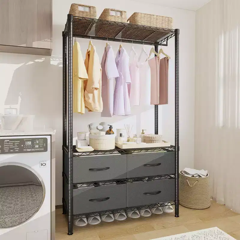 Metal Garment Rack with Adjustable Shelves & 4 Fabric Drawers, Heavy Duty Clothes Hanger