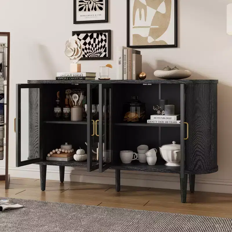 Farmhouse Wood Sideboard Buffet Cabinet with Glass Doors and Adjustable Shelves for Kitchen, Dining Room, or Living Room