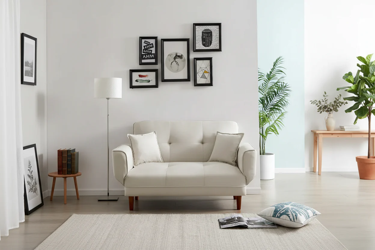 Fabric Convertible Sofa Bed with 2 Pillows