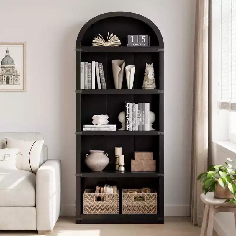 Bookcase 5 Shelf Arched Bookshelf 71.65in Tall Bookcase Farmhouse Display Storage Rack Wooden Bookshelves for Home Office, Living Room