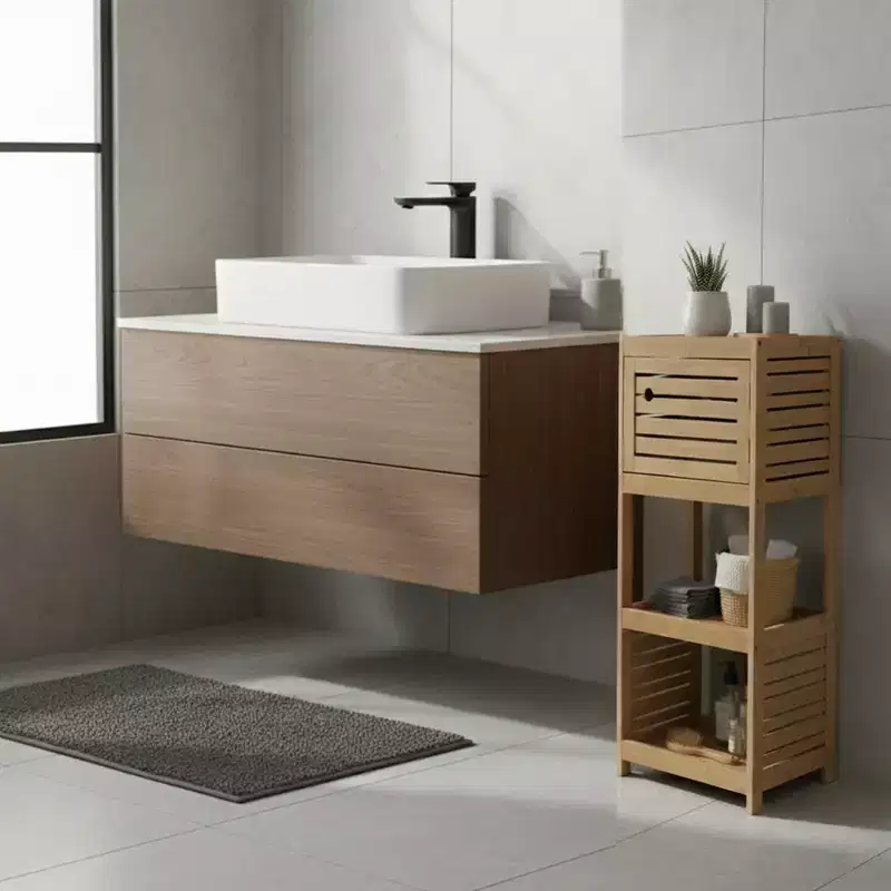 Evideco French Home Goods Compact Bathroom Storage Cabinet with Open Shelves and Vented Door, Natural - Trinidad Collection