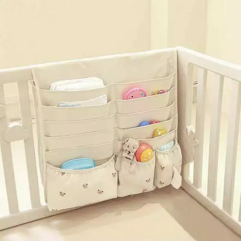 Hanging Organizer with Multi-Pocket Storage and Cute Pattern Accents, 11x10in - Light Beige