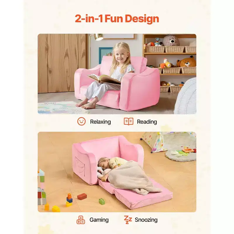 in 1 Kids Sofa Fold Out Toddler Couch Convertible Chair to Lounger with Armrests Pink