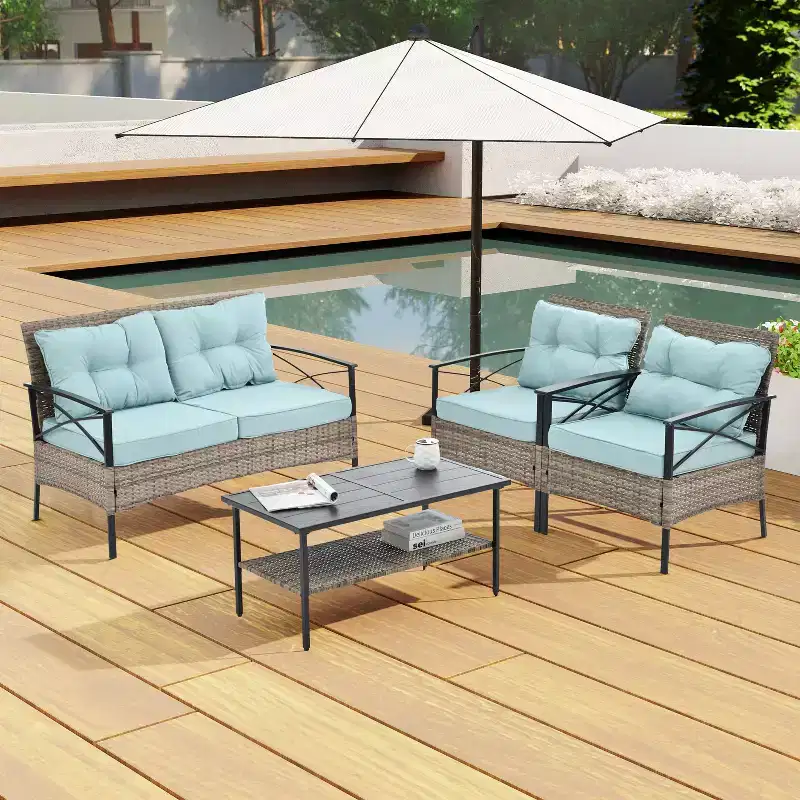 Patio Furniture, Outdoor Furniture, Seasonal PE Wicker Furniture, Four Set Wicker Furniture With Black Metal Table