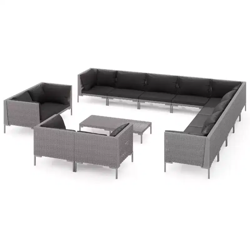 vidaXL Patio Lounge Set 14 Piece Outdoor Sectional Sofa Dark Gray Poly Rattan with Cushions for Garden/Patio/Deck
