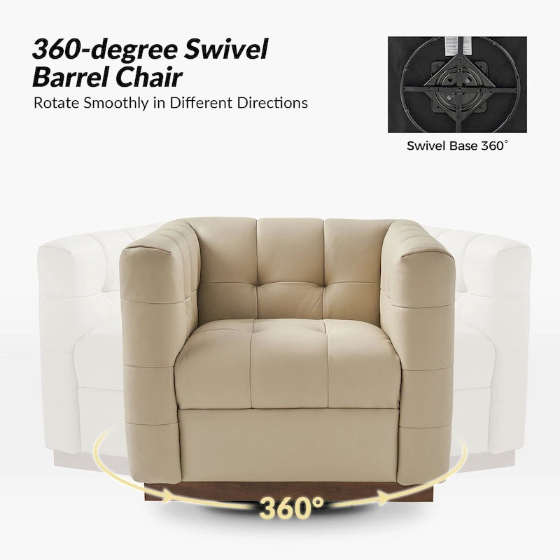 JeremiasMid-certury Modern GenuineLeatherTufted SwivelClubChair with Wooden Apron by HULALA HOME