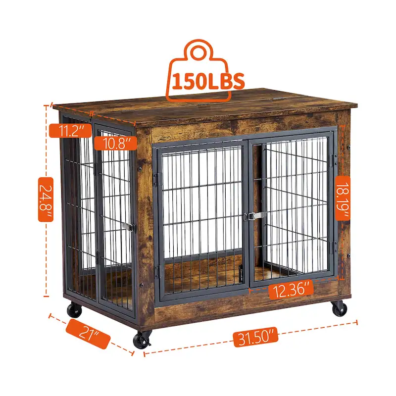 Furniture Style Dog Crate Side Table on Wheels with Double Doors and Lift Top