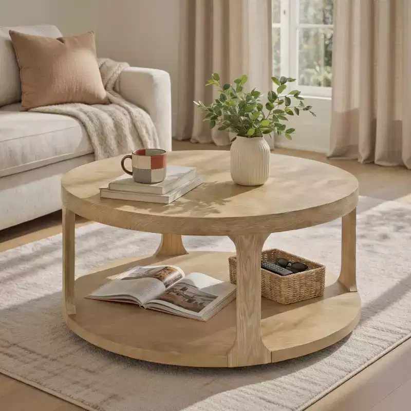 Farmhouse Round Wood Coffee Table with 2-Tier Storage Shelf