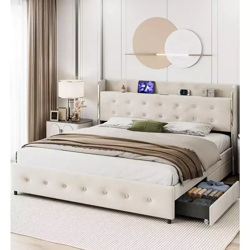 Bed Frame with 4 Storage Drawers, Velvet Upholstered Platform, 1000lbs Support, BeigeQUEEN