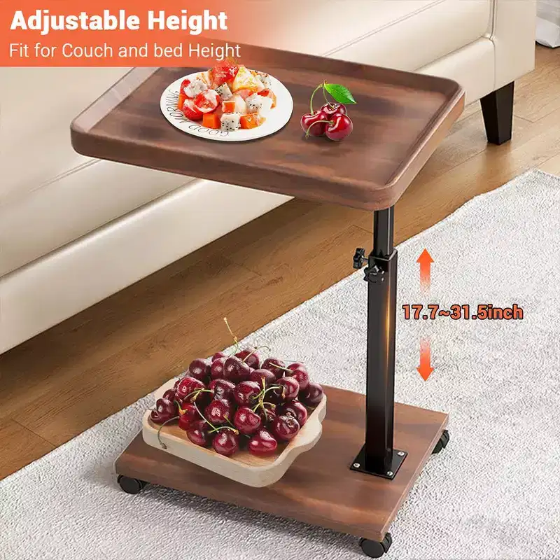 Adjustable End Table with Wheels - 360 degrees Swivel C-Shaped Side Table for Couch (Wood Top)